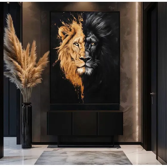 Cuadro Leon Cara Dividida 2 Colores Canvas 140x80 Cm