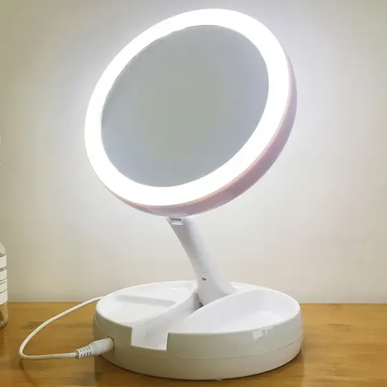 Espelho Led Maquiagem Dobravel Dupla Face Aumento 10x Usb Branco