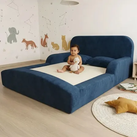 Cama Montessoriana Casal Encanto 100% Espuma Boucle Azul-marinho