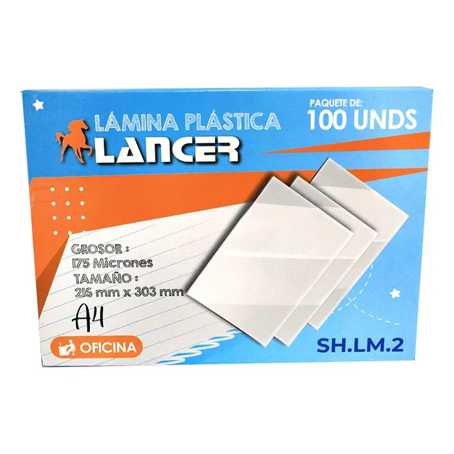 Mica, Lamina Plastica Lancer 175 Micrones A4 Paq. Por 100u