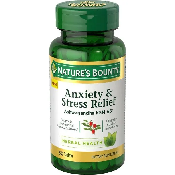 Nature's Bounty Alivio De La Ansiedad Y El Estrés Con Ashwagandha Ksm-66 Produto Sin Omg, Sin Colorantes Artificiales, Sin Edulcorantes Artificiales, Sin Conservantes, Sin Azúcar, 50 Tabletas