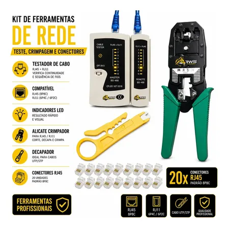 Kit Alicate Crimpar RJ45 RJ11 RJ12 + Testador + Decapador + 20 Conectores