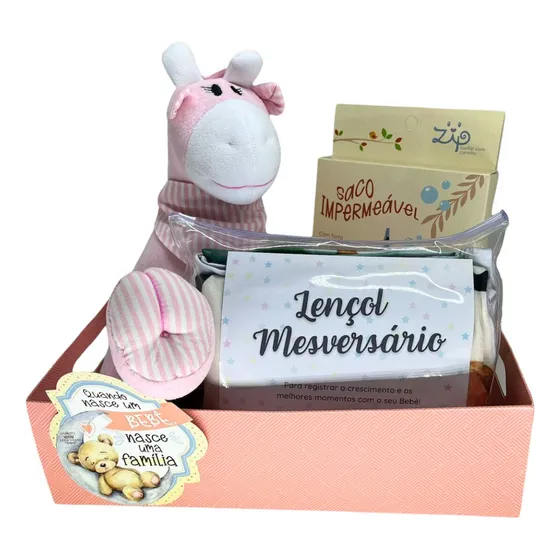Kit Chábebê Lençol Mêsversário Pelúcia Saco Impermeável Rosa