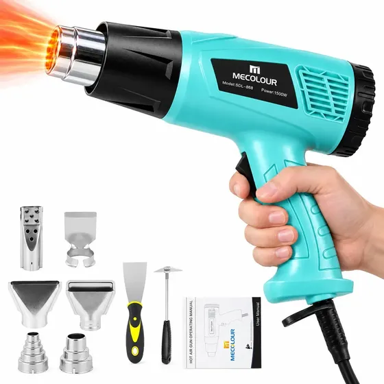 Soprador Térmico Pistola de Ar Quente MECOLOUR 1500W 600°C 6 Bocais para Insulfilm e Envelopamento