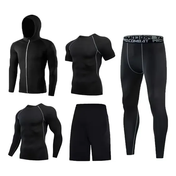 Conjunto Deportivo Térmico 5 Piezas Hombre Buena Calidad Negro Lisa Xl