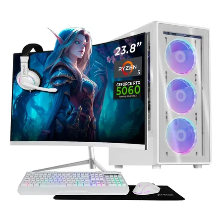 PC Gamer IA Xtreme PC Gaming NVIDIA GeForce RTX 5060 AMD Ryzen 5 5500 16GB SSD 500GB Monitor Curvo 23.8 165Hz WIFI White Productividad Versátil Acelerada con IA