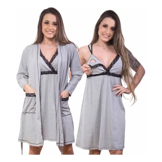 Kit Camisola Gestante De Fecho E Robe De Algodão Manga Longa