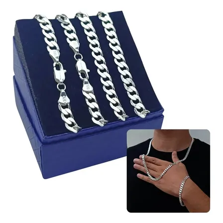 Corrente Prata 925 Italiana Masculina + Pulseira Luxo Kit 7m