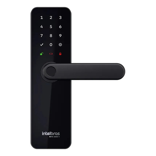 Fechadura inteligente Intelbras MFR 3000 V de embutir na cor preta com teclado numérico e maçaneta horizontal