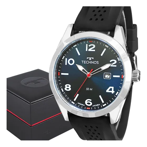 Relógio Technos Masculino Prata Pulseira De Silicone Analógico Top Mostrador Azul