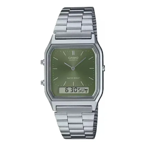 Reloj Casio Aq-230a-3a Análogo Digital Plateado Retro Fondo Verde Musgo