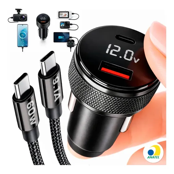 Kit Tomada Veicular Usb Tipo C Carregador Turbo Compatível Com iPhone Apple Android Asus Lg Ios Samsung Xiaomi Motorola Plug Carro Acendedor 60w Display Led Usbc Portátil Cinzeiro Voltimetro Celular