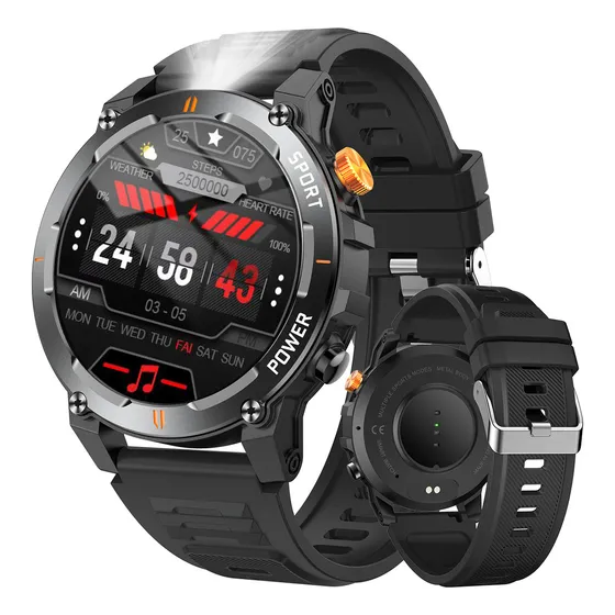 Reloj Inteligente Para Deportes Al Aire Libre De 1,52" Con Linterna, Capaz De Medir Frecuencia Cardíaca, Presión Arterial, Oxígeno En Sangre, Sueño, Clima Y Recibir Información De Redes Sociales, Neg
