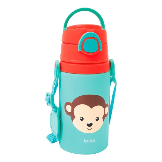 Garrafinha De Aluminio Animal Fun Macaco Bpa Free 400ml Verde-claro Tampa-Rosa Buba