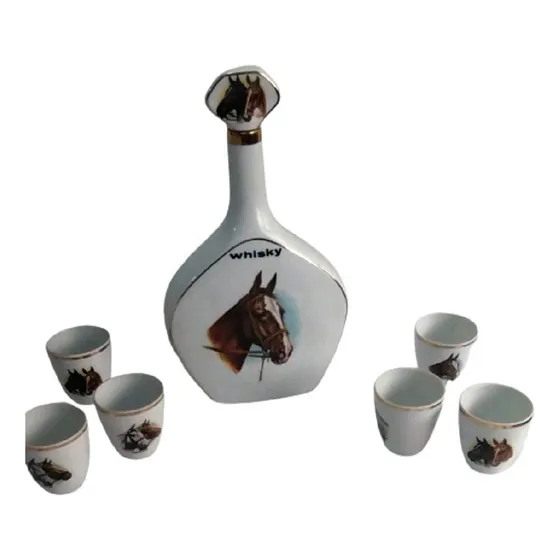 Licorera De Porcelana Con 6 Vasos Shot Motivo Hipico Usada
