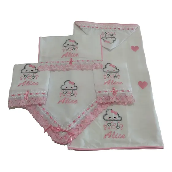  Kit 5 Pc Fraldas Pano Bordadas Nome Bebê Ombro Boca Toalha 