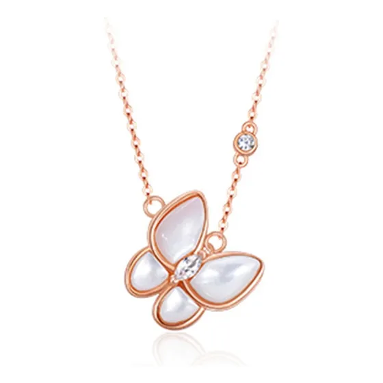 Collar Colgante Mariposa Plata S925 Nácar Circón En Oro Rosa