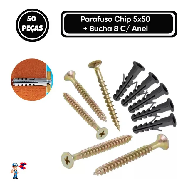 Jogo Com 50 Parafusos Parede + Bucha 8mm Com Anel