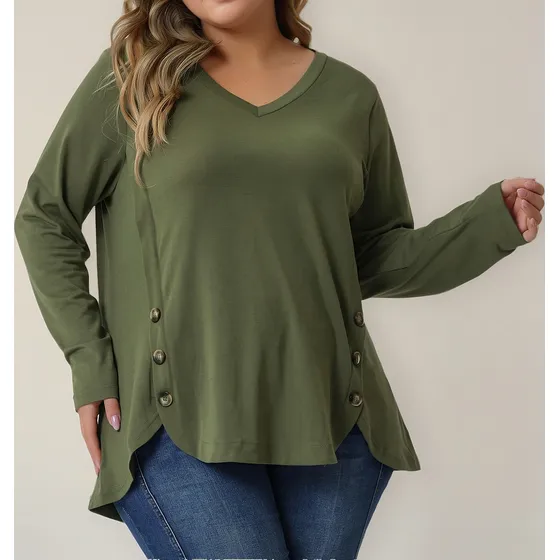 Blusa Tipo Túnica Talla Grande Camisa Tops Con Boton Lateral