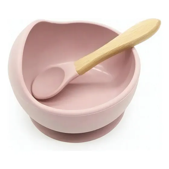 Juego De Tazón Y Cuchara De Silicona Bebés Con Ventosa Para Color Rosa Claro