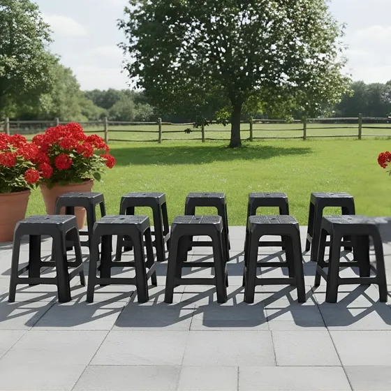 Set 10 Taburetes Plástico Apilables Arqplast Negro 45cm Altura | Cuotas sin interés