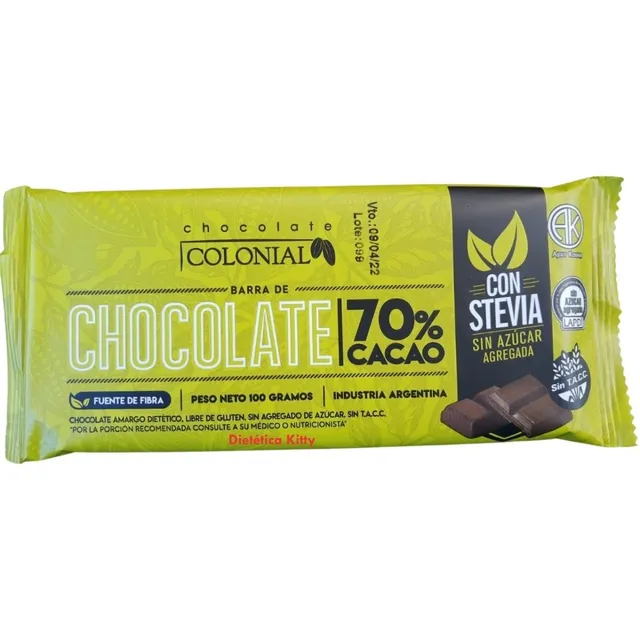 Chocolate Colonial Stevia 70% Apto Keto Diabeticos Sin Tacc