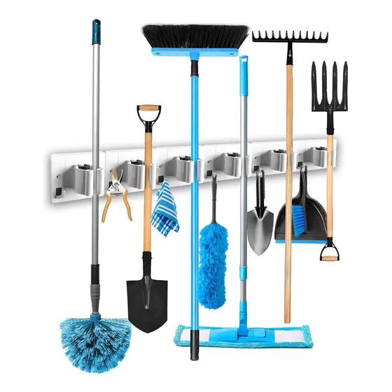 Organizador de Escobas y Traperos Energy Plus, Porta Escobas y Colgador con 6 Soportes, Ideal para Mantener Limpia y Ordenada Tu Casa u Oficina.