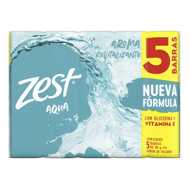 ZEST Jabón en Barra Aqua, para una piel visiblemente saludable y revitalizada, con glicerina, vitamina E y aceites esenciales 5 x 90 g