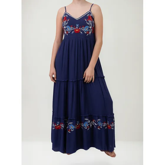 Vestido Largo Bambula Bordado Con Forro Espalda Elastizada