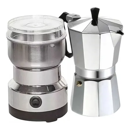 Moledor Eléctrico De Café + Cafetera Italiana Greca 3 Tazas Color Gris