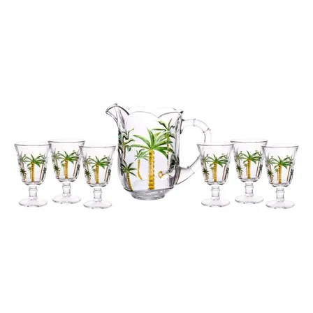 Conjunto 7 Peças Jarra De 1,3l Com 6 Taças De 240 Ml Água Suco Cristal Palm Hand Painting Lyor Verde