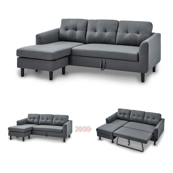 Sillón Sala Sofa Cama Izquierdo Comodo Elegante Minimalista Color Gris Oscuro Diseño De La Tela Liso Eke Life Home 503800