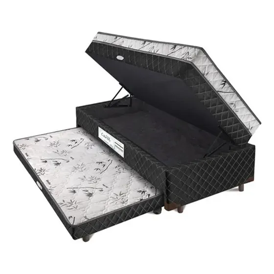 Cama Box Solteiro Com Cama Auxiliar E Baú Light Spuma Cor Preto Light