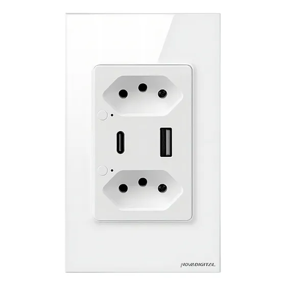 Tomada Inteligente Wifi Novadigital Usb USB-C Dupla 10A 3 Pinos Smart Alexa Tuya Smart Life Google 110V 220V Bivolt Branca