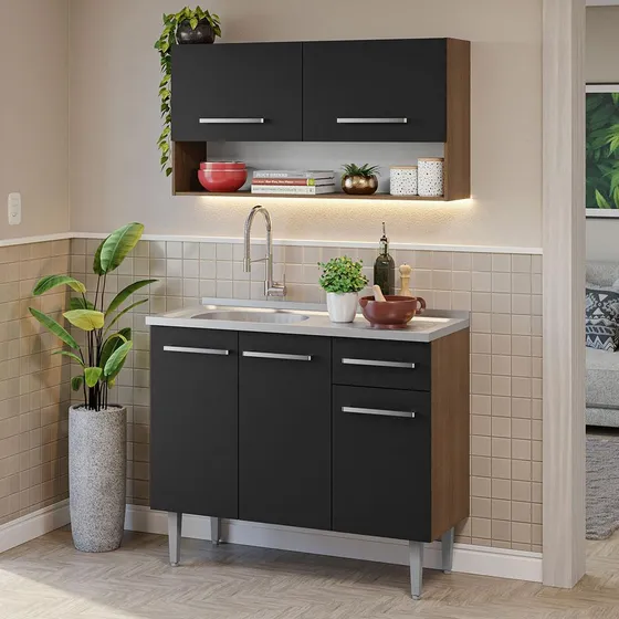 Cocina Integral Modular Madesa Emilly Con Tarja 105cm Color Marrón/Negro 04