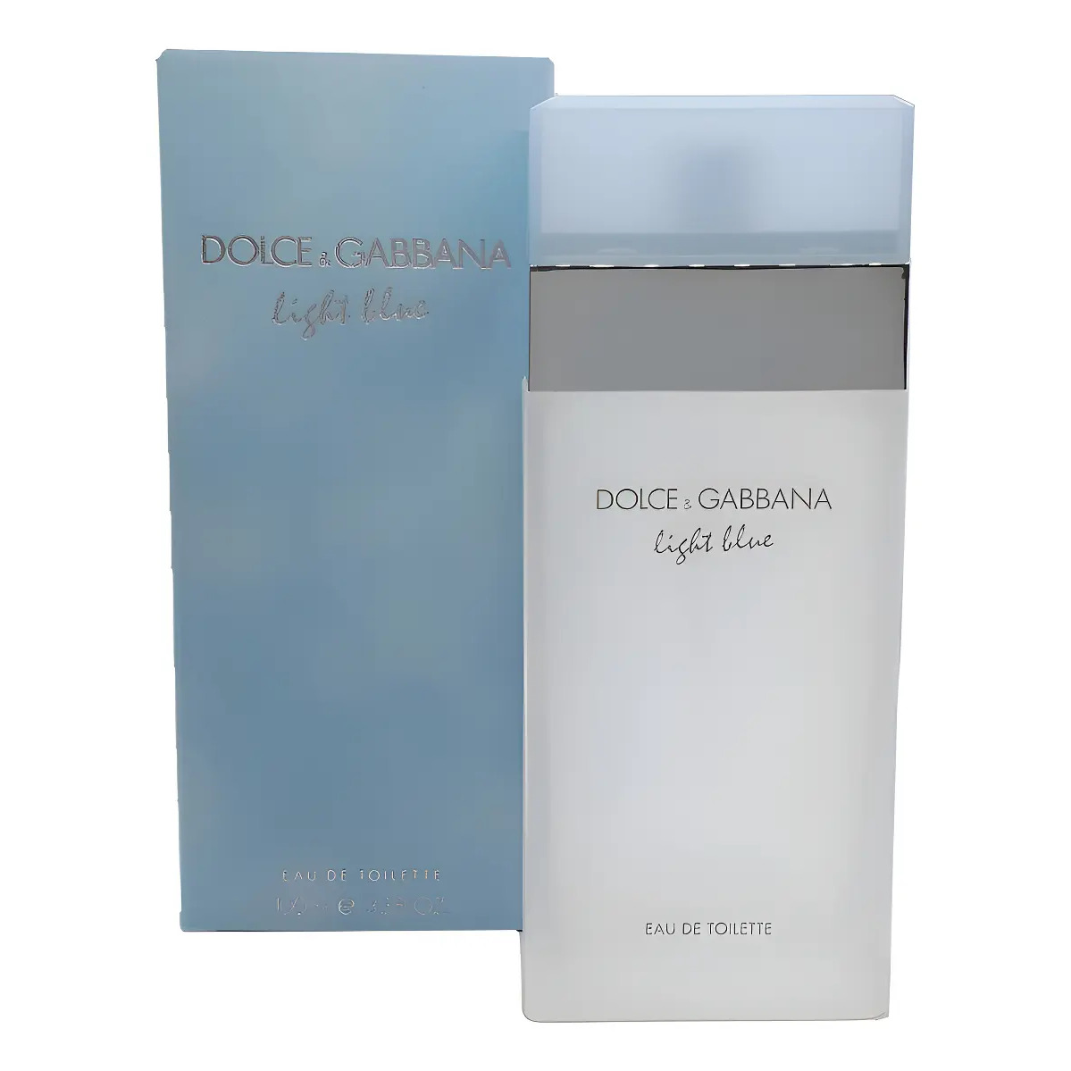 Frasco de perfume feminino Dolce & Gabbana Light Blue de 100ml ao lado de sua caixa azul clara original
