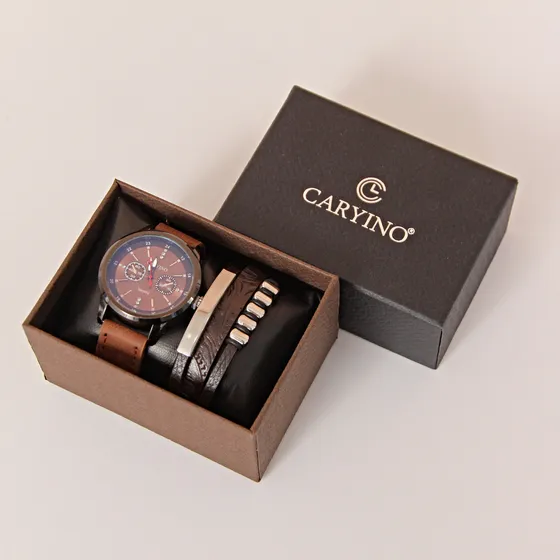 Set Box Reloj Analógico Agujas Malla Eco Cuero Y Pulsera Malla Marrón Oscuro Bisel Negro Fondo Marrón Oscuro