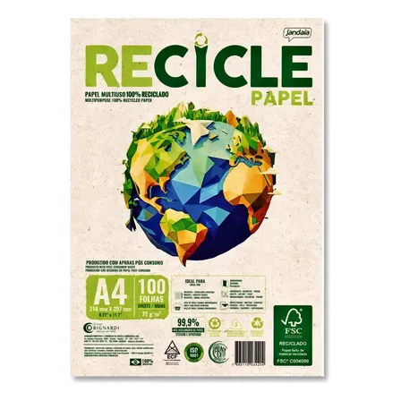 Papel A4 Sulfite Reciclado 75g 100 Folhas Jandaia