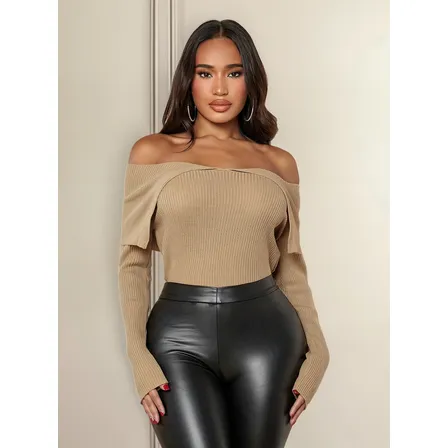 Jersey De Hombros Descubiertos Doblado Tejido Canalé Blusa