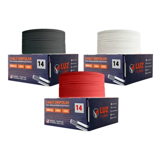 Kit 3 Cajas Cable Calibre 14, Rollo 100mts Varios Colores