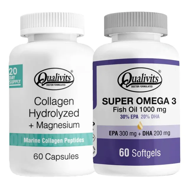 Colágeno Con Magnesio 60cap + Super Omega 3 60cap Qualivits Sabor Natural