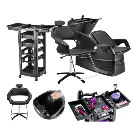Kit Cadeira Salão + Lavatório Reclinável Dompel + Carrinho Preto Reclinável Redonda