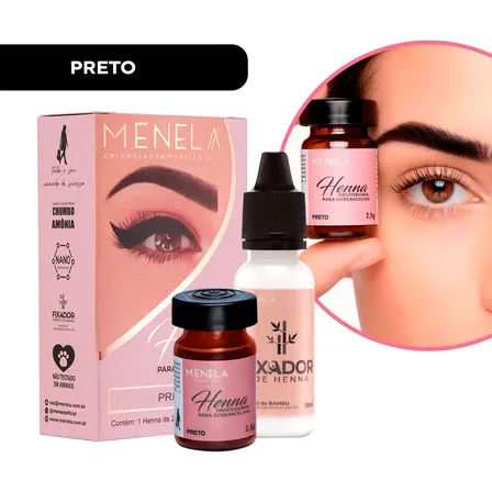 Henna Menela Preto Padrão Profissional Para Designer De Sobrancelhas 2.5g Com Fixador E Nanotecnologia Completo