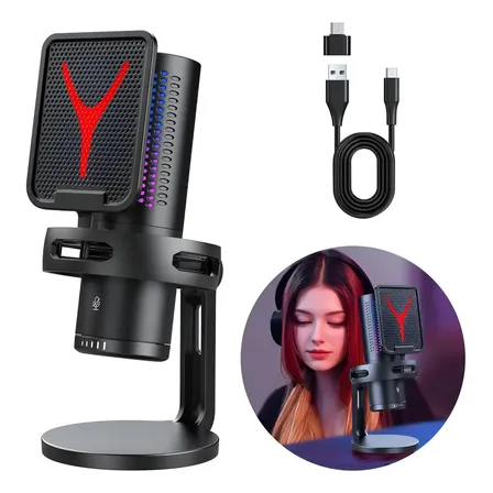 Microfone Usb Capacitivo Com Luz Colorida, Volume Ajustável Preto