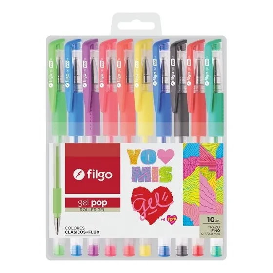 Lapicera Escolar Filgo Roller Gel Pop X10u Color Clasic Fluo Tinta COLOR Exterior COLOR