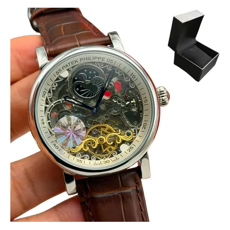 Relógio Masculino Patek Philippe Skeleton Moonphase 42mm Marrom Prateado