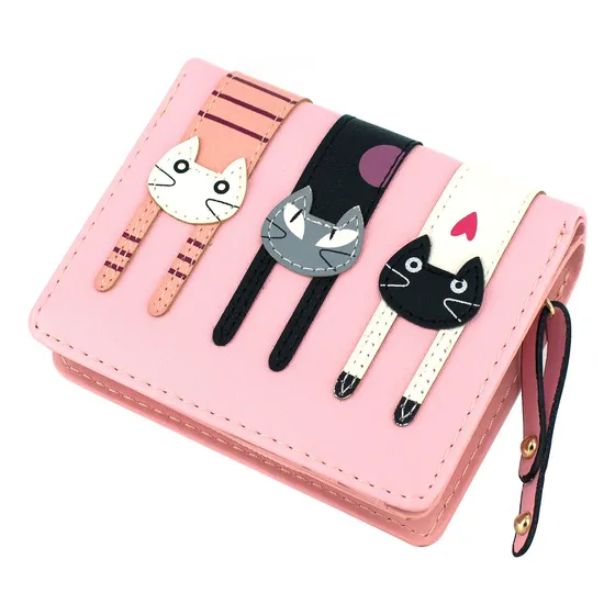 Mini Faux Cuello Bifold Cute 3 Gato Zipper Bolso De D3rxw