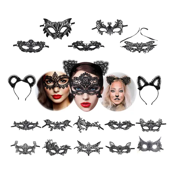 15+5 Máscaras Venecianas Negro Encaje Antifaz Carnaval Antifaces Para Fiestas Diadema De Gato Tiara Accesorios Para El Cabello Cosplay Mujer Halloween Disfraz Gato