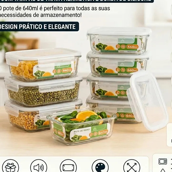 Kit 10 Potes Herméticos De Vidro 640ml Haushop Tampa Vedação Firme Para Geladeira E Despensa Organização Da Cozinha