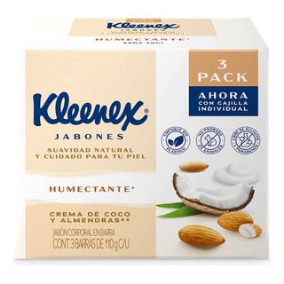 Kleenex Humectante Crema Coco Y Almendras 3jabones 110gr C/u Kleenex Humectante Crema Coco Y Almendras 3jabones 110gr C/u